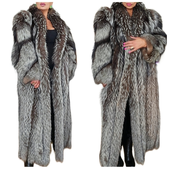 Vintage Genuine "Chubby" Fluffy Silver Indigo Fox Fur Full Length Coat - Picture 2 of 13